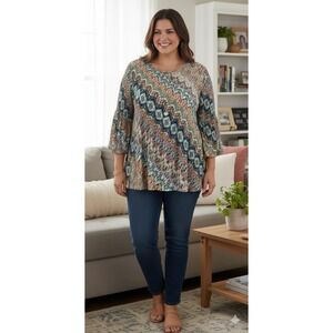 Spense Crinkle Chiffon Multicolor Flowy Peasant Boho Blouse Womens Size Large